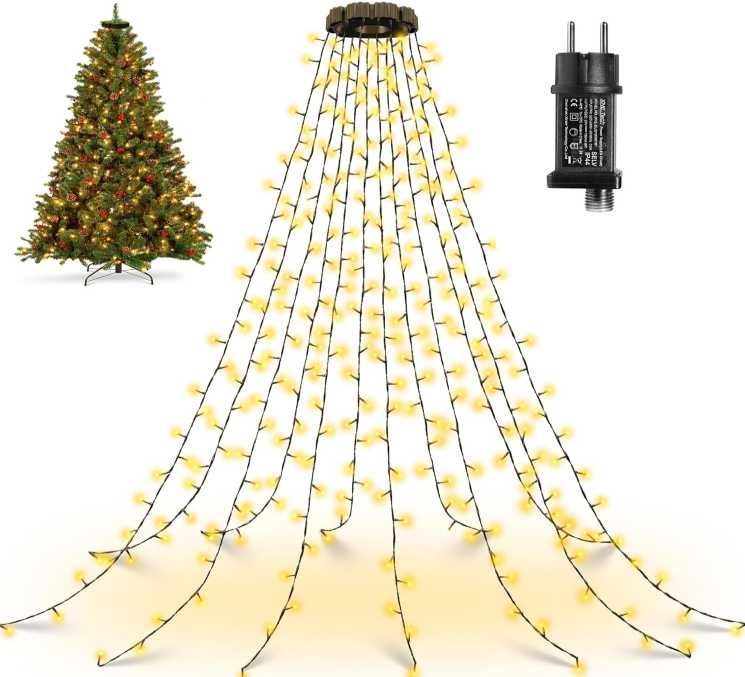 Lampki choinkowe z pierścieniem 2.5m 300LED 12 pasm ciepła biel OLLNY