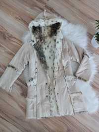 Płaszcz damski kożuszek beżowy płaszczyk kurtka zimowy parka
