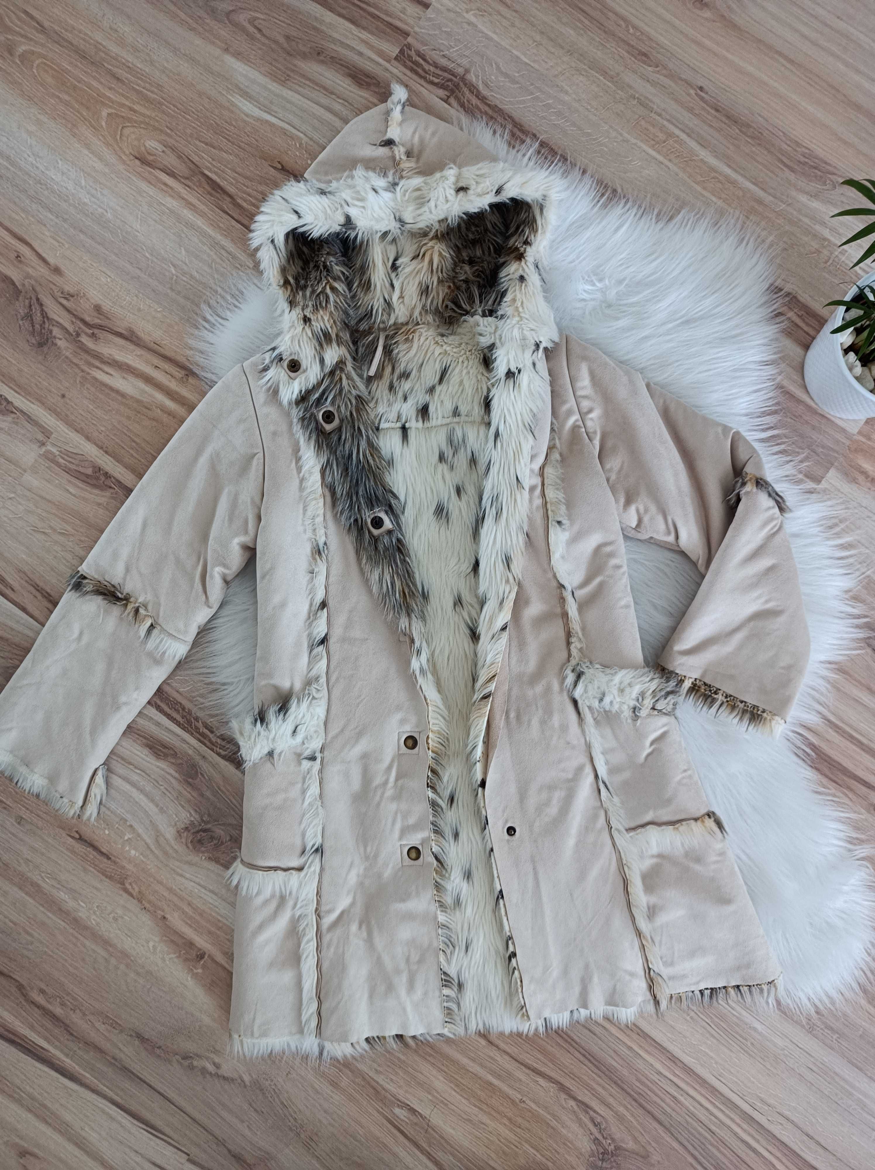 Płaszcz damski kożuszek beżowy płaszczyk kurtka zimowy parka