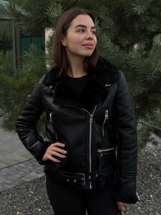 Дублянка з еко-хутром S M L чорна молочне хутро до -10