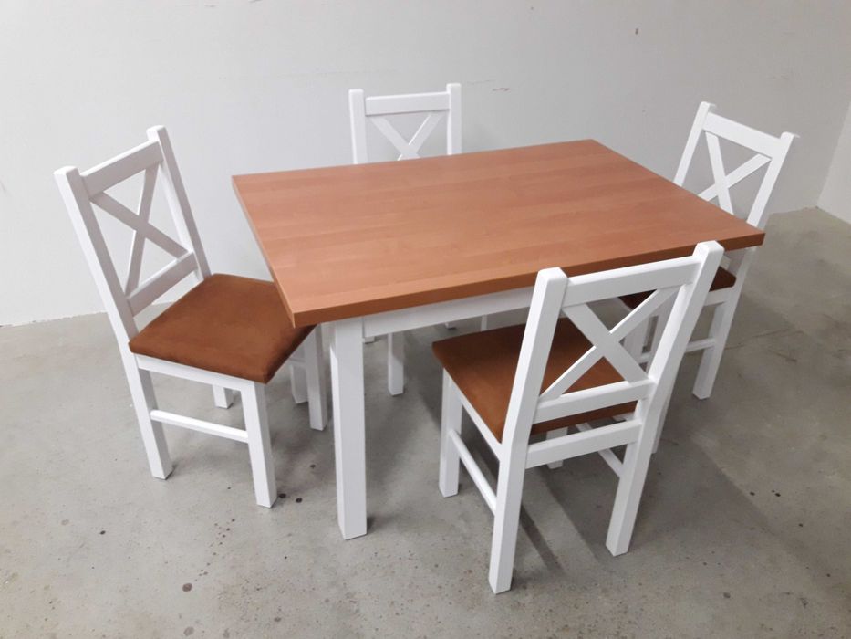 stol 120x80+4 krzesla z krzyzowym oparciem biale plus olcha okazja