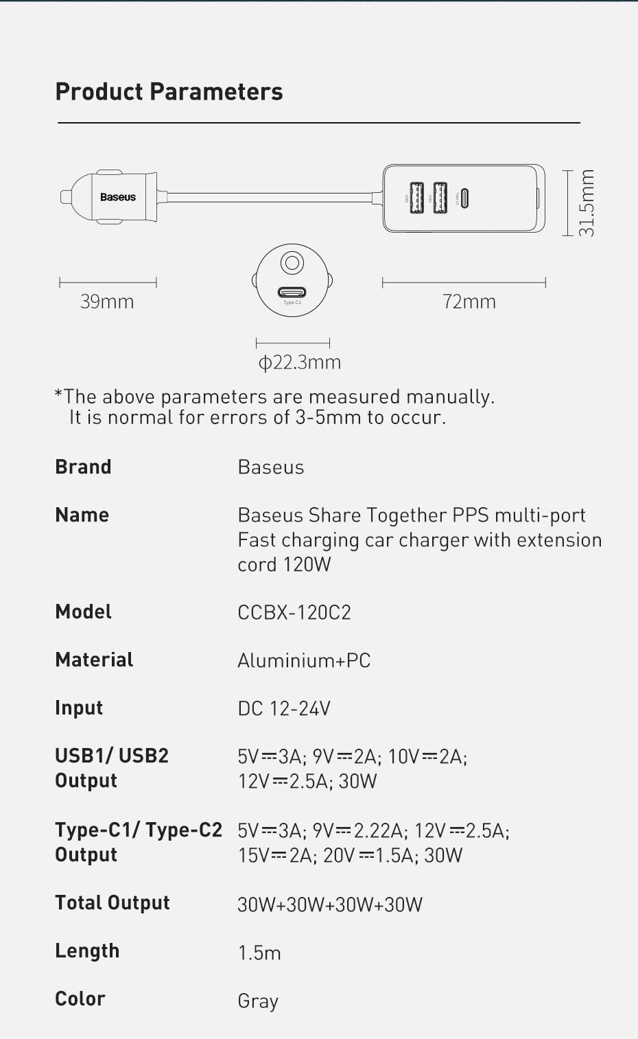 Автомобильное ЗУ BASEUS   2 USB, 2 Type-C, 3A/120 W