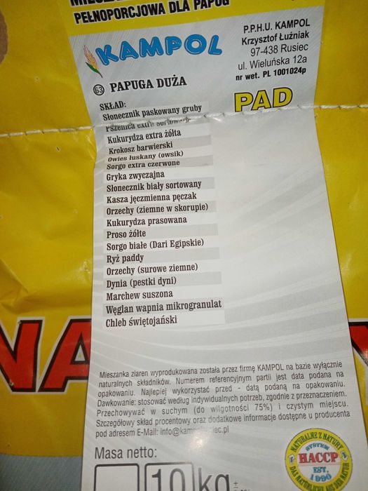 Karma dla Papug Dużych Pad 20 kg