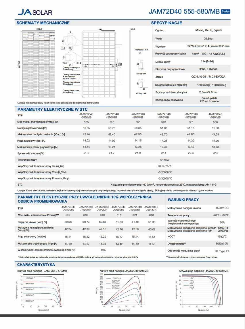 Panel Fotowoltaiczny PV JA SOLAR JAM72D40-580/MB BIFACIAL 580 Wp