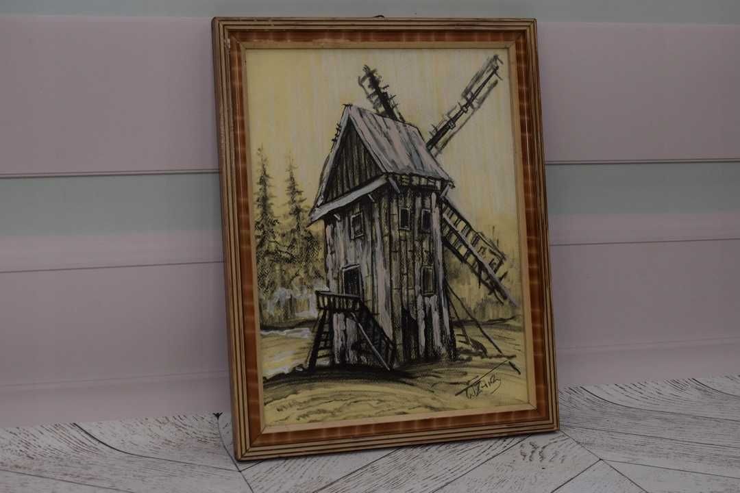 Wiktor Zin 1979 - Stary Młyn - Pastel za Szkłem - Polski Obraz Olejny