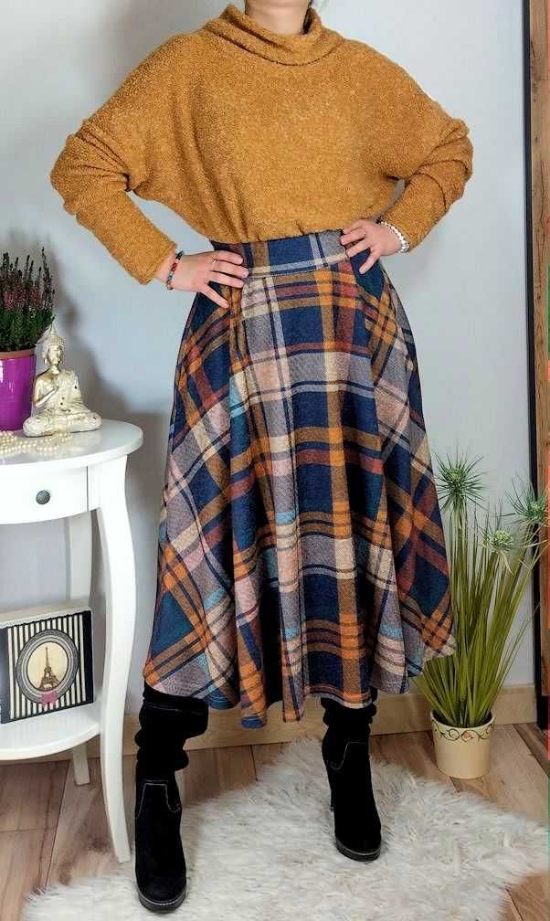 Spódnica w kratę KRATA do połowy łydki na gumie 48 4XL