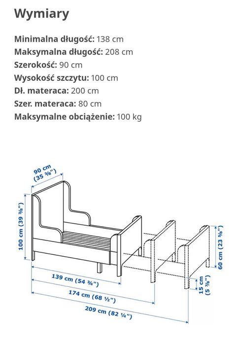 Łóżko ikea busunge, z materacem, 3 długości, rozsuwana rama.