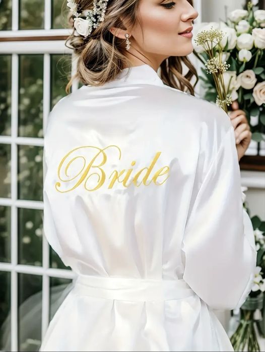 Szlafrok Bride ślubny biały złoty M