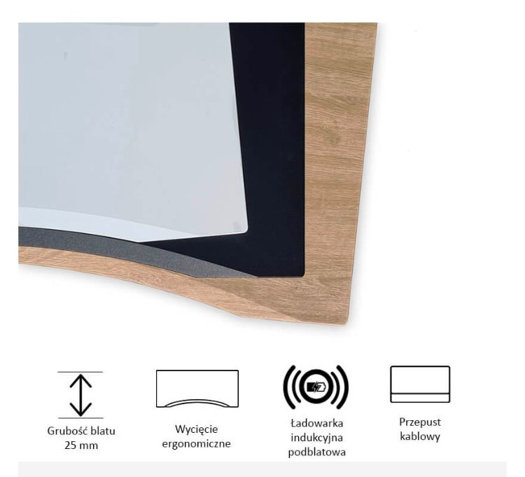 Ergonomiczny blat do biurka z ładowarką podblatową