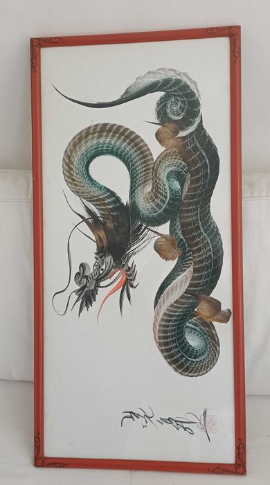 Vintage Quadro com Desenho Litografia Dragao Japonês Assinado