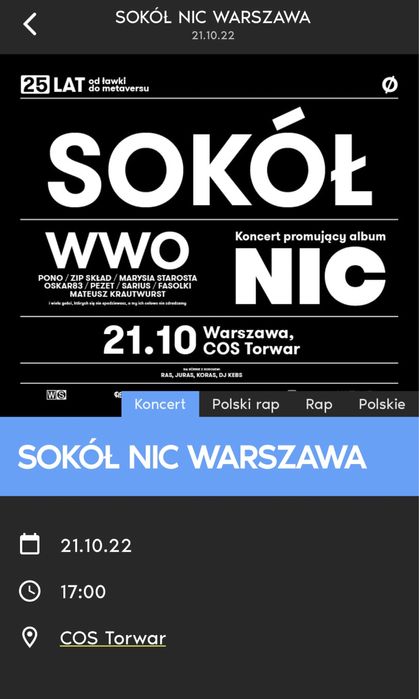 3 bilety na koncert Sokoła w Torwarze 21.10