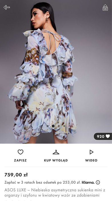 Niespotykana asymetryczna suknia ASOS w kwiatowy wzór, falbanki, cekin