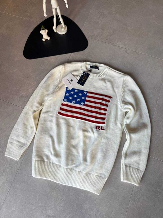 Чоловічий Светр вʼязаний кофта  Polo  Ralph Lauren White прапор  USA