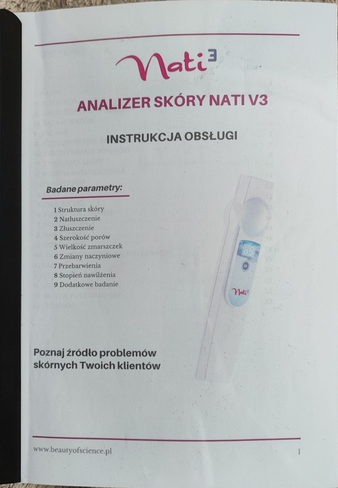 Analizer skóry Nati V3 + paski + instrukcja brak śladów użytkowania