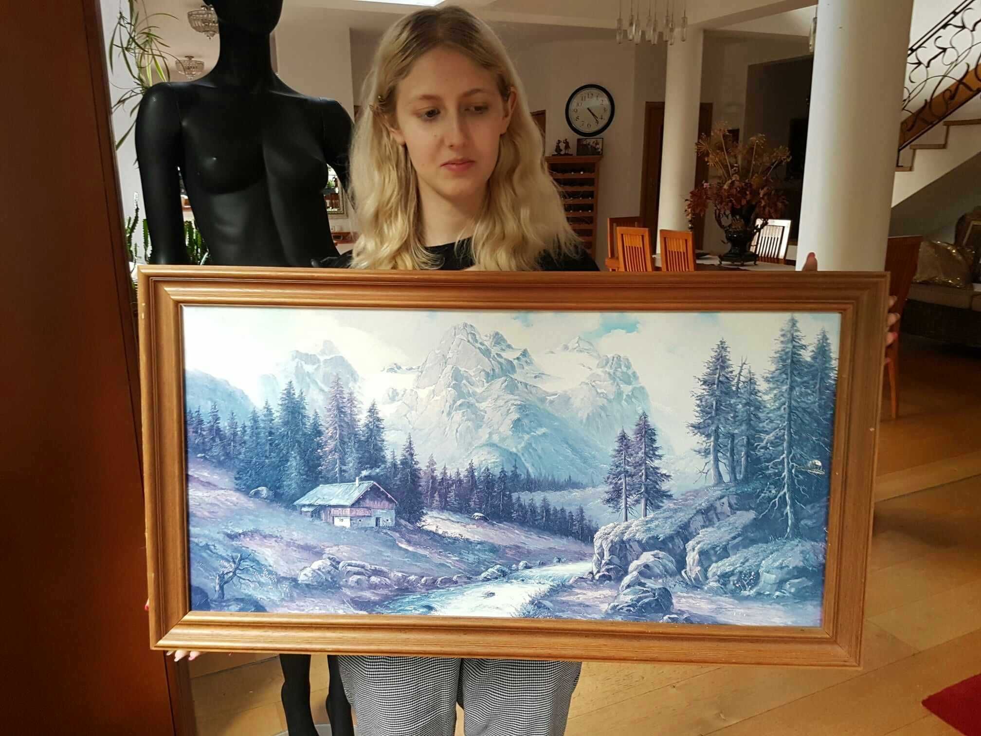 Obraz reprodukcja GÓRY WYSOKIE CHATA NAD RZEKĄ drewniana rama 88x48 cm