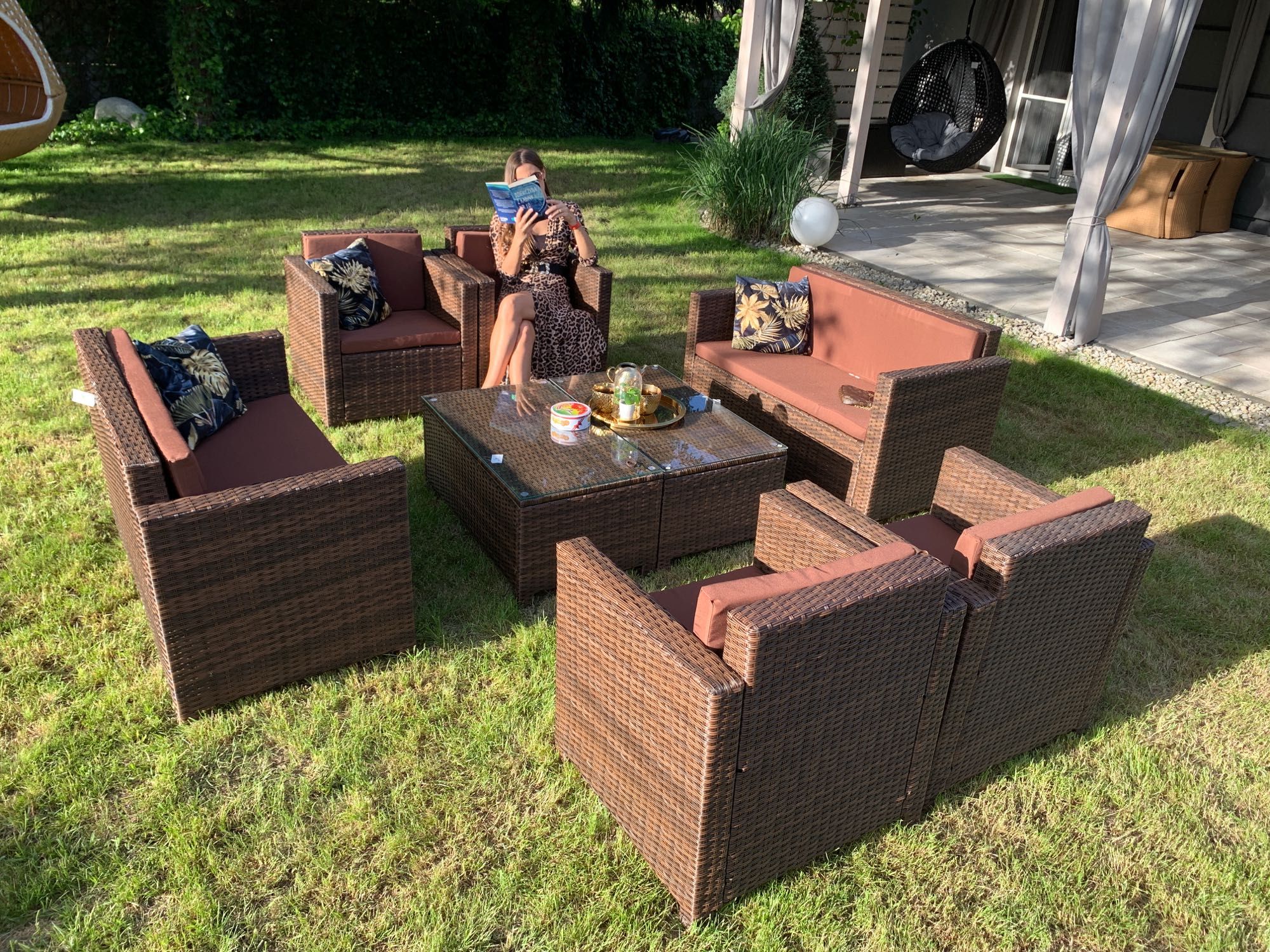 (G) Nicea XXL zestaw technorattan brąz sofa 4xfotel ława