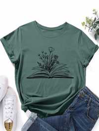 T-Shirt Prosty Z Nadrukiem Ciemnozielony Casual Shein S