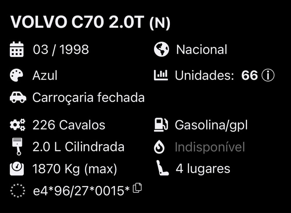 Volvo c70  Turbo 226cv Sistema de GPL (BRC) ultima geraçao