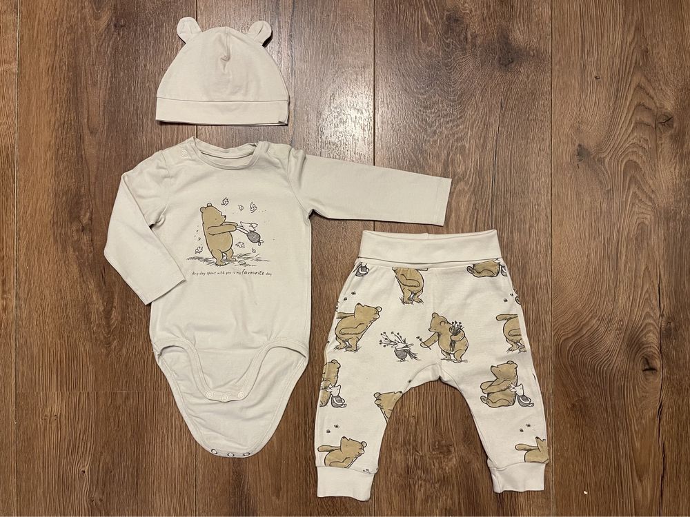 Body niemowlęce, spodnie legginsy półśpiochy i czapka H&M r. 68