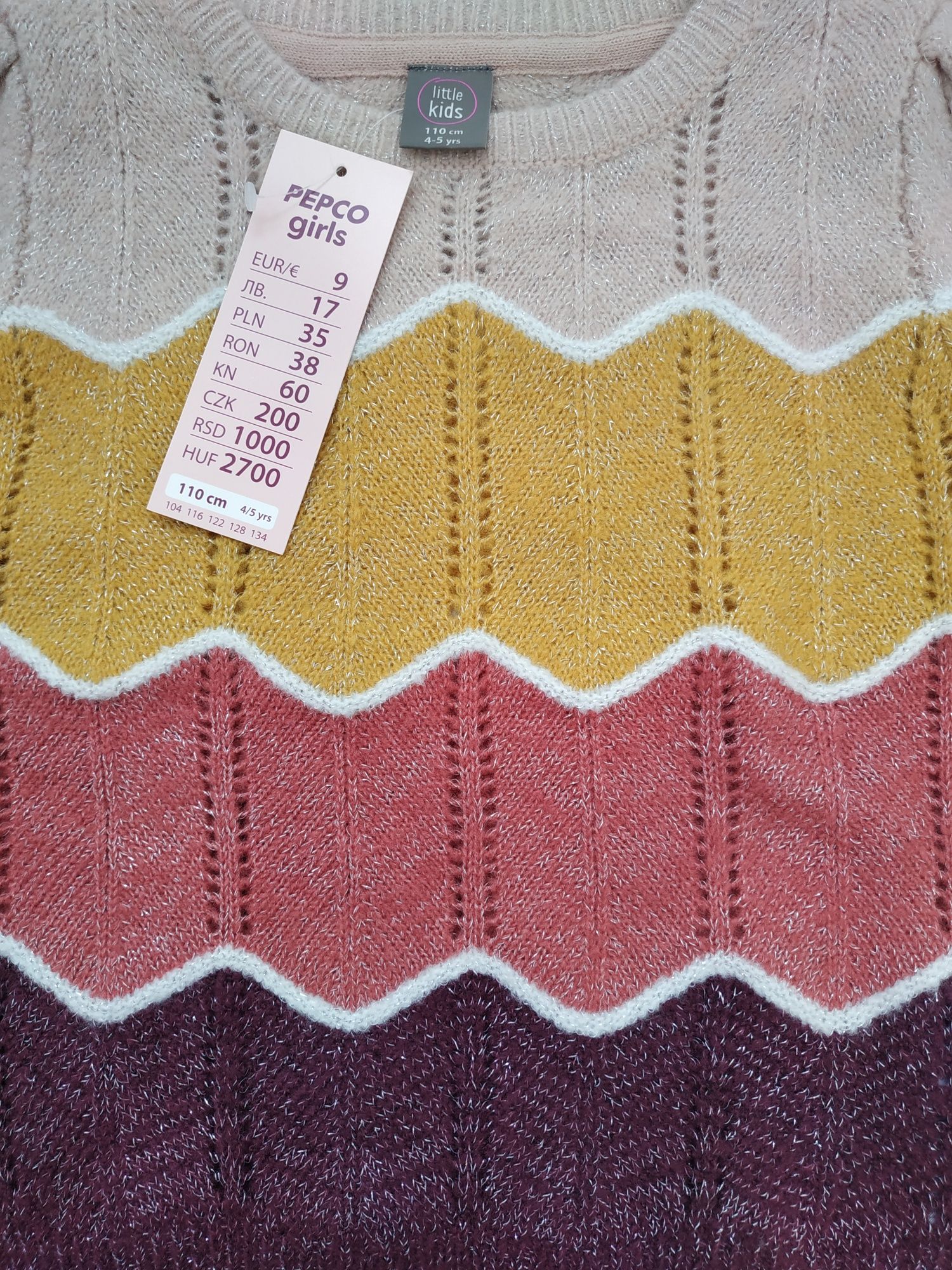 Nowy sweter/dziewczynka/ażurowy/srebrna nić/fale/little kids/r.104/110