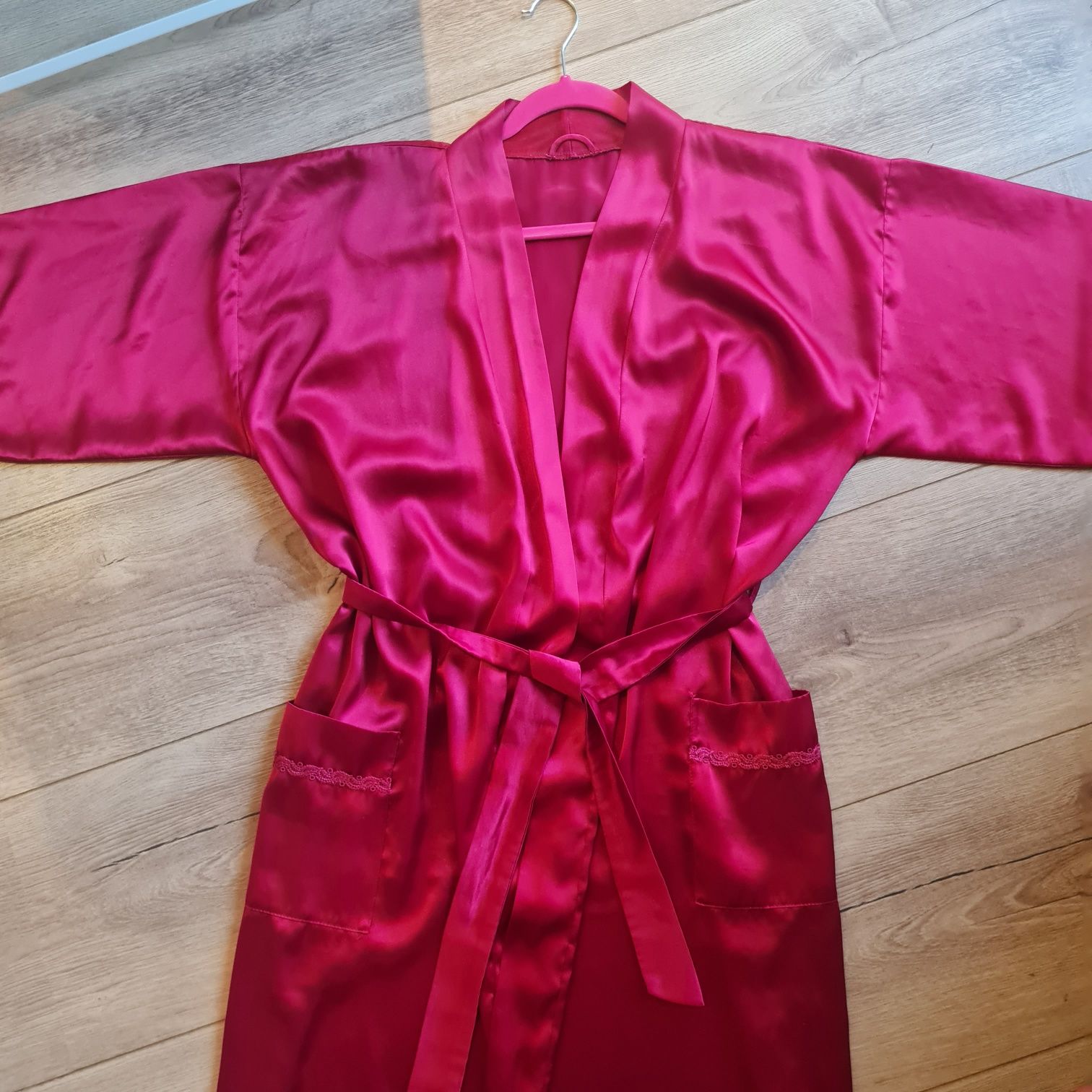 Elegancki szlafrok satyna ciemnoczerwony podomka M L XL
