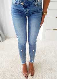 Elastyczne jeansy damskie z cyrkoniami wysoki stan XS