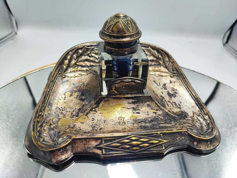 Secesyjny mosiężny srebrzony kałamarz,sygnowany