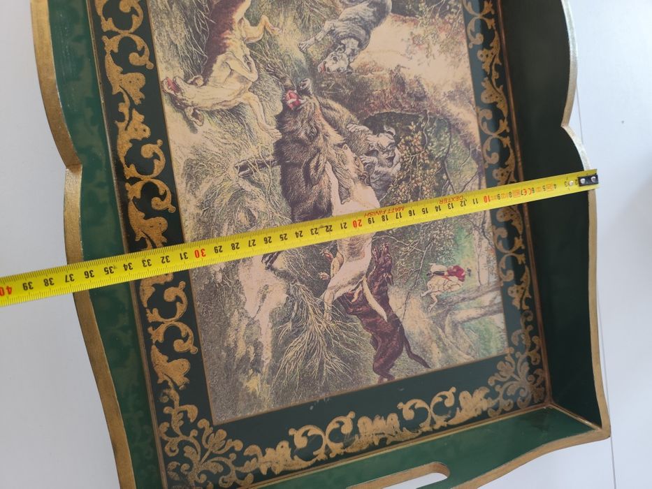 Drewniana taca z grafiką myśliwską ozdobna