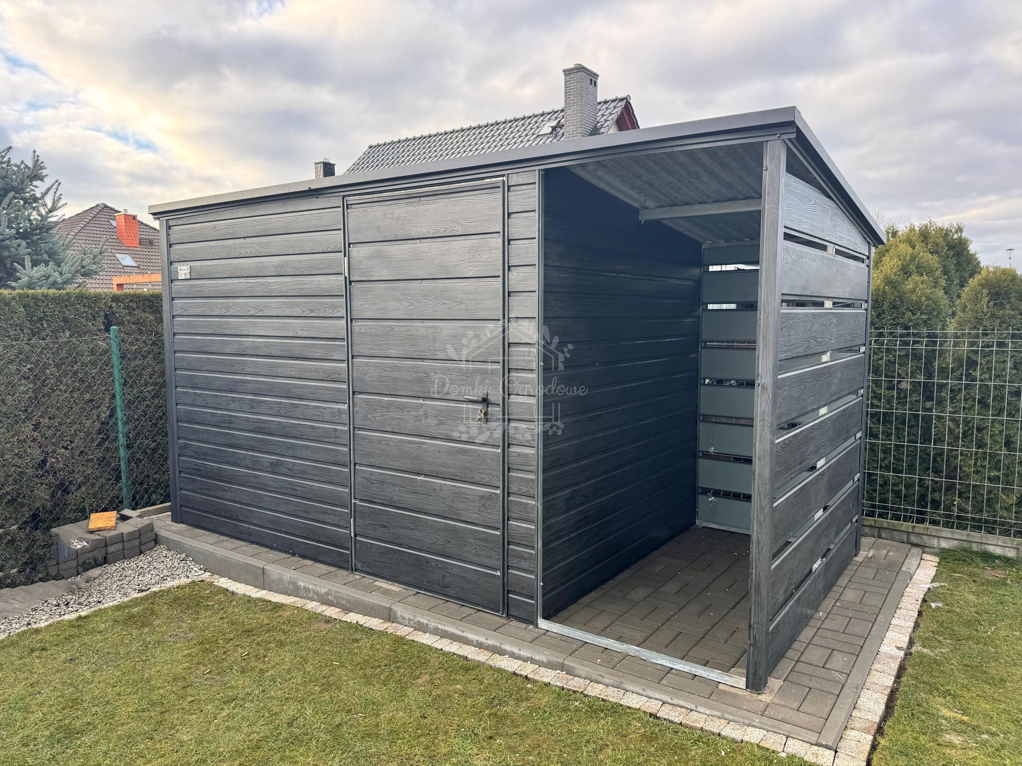 Schowek ogrodowy 3x2m + wiata 1m sosna norweska drewnopodobny  ID880