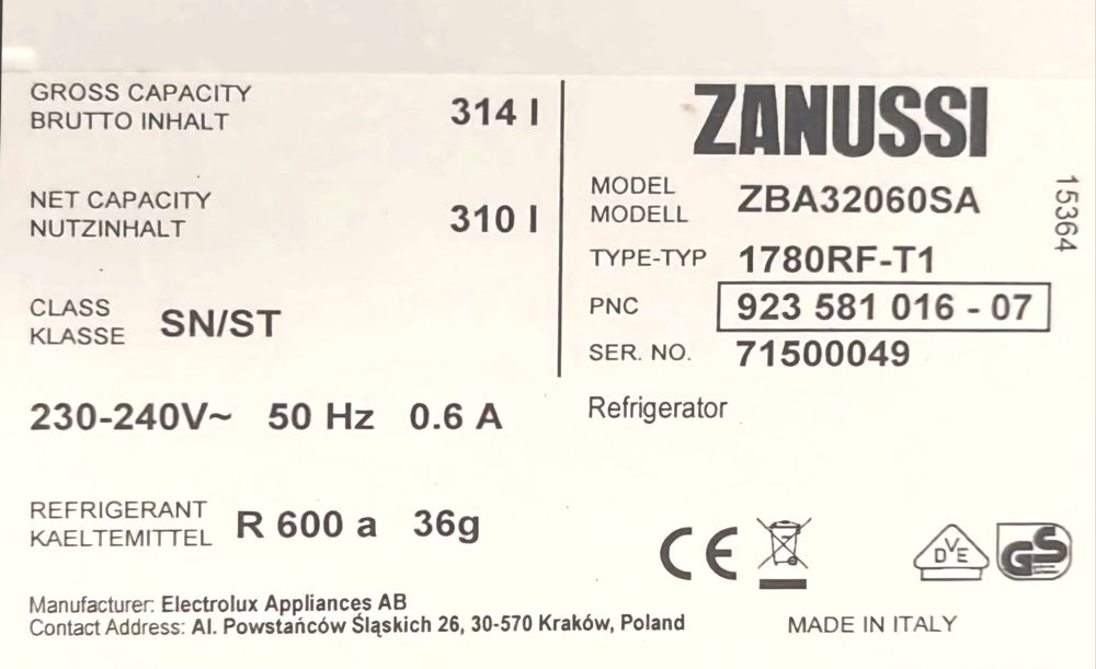 Frigorifico de encastre Zanussi