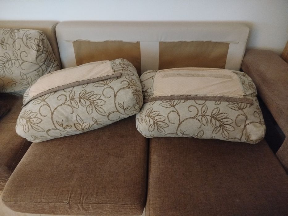 Sofá canto  pele e tecido