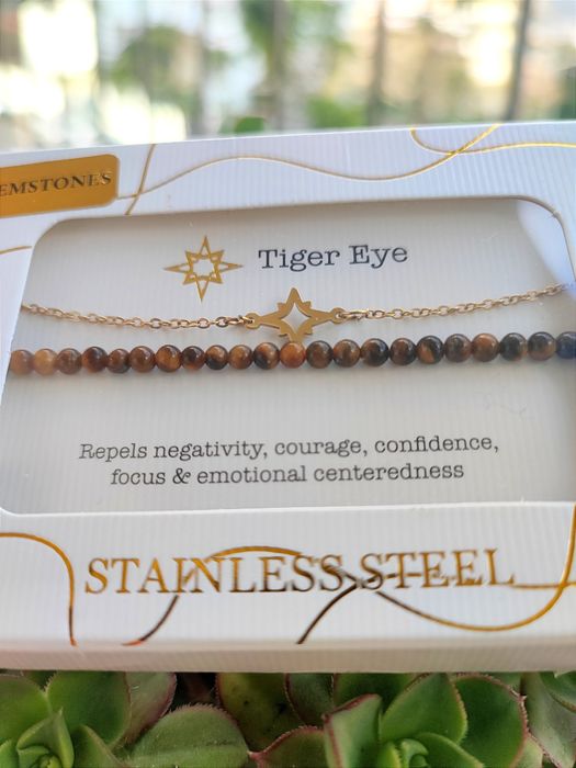 Par Pulseiras Aço e Olho de Tigre