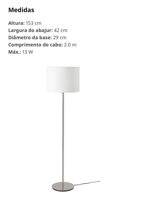 Candeeiro de pé, branco/niquelado Como novo