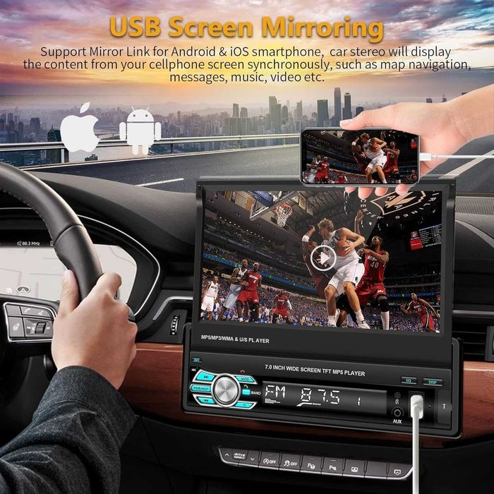 Radio samochodowe 1 Din Carplay  Bluetooth, 7-calowy wysuwany ekran