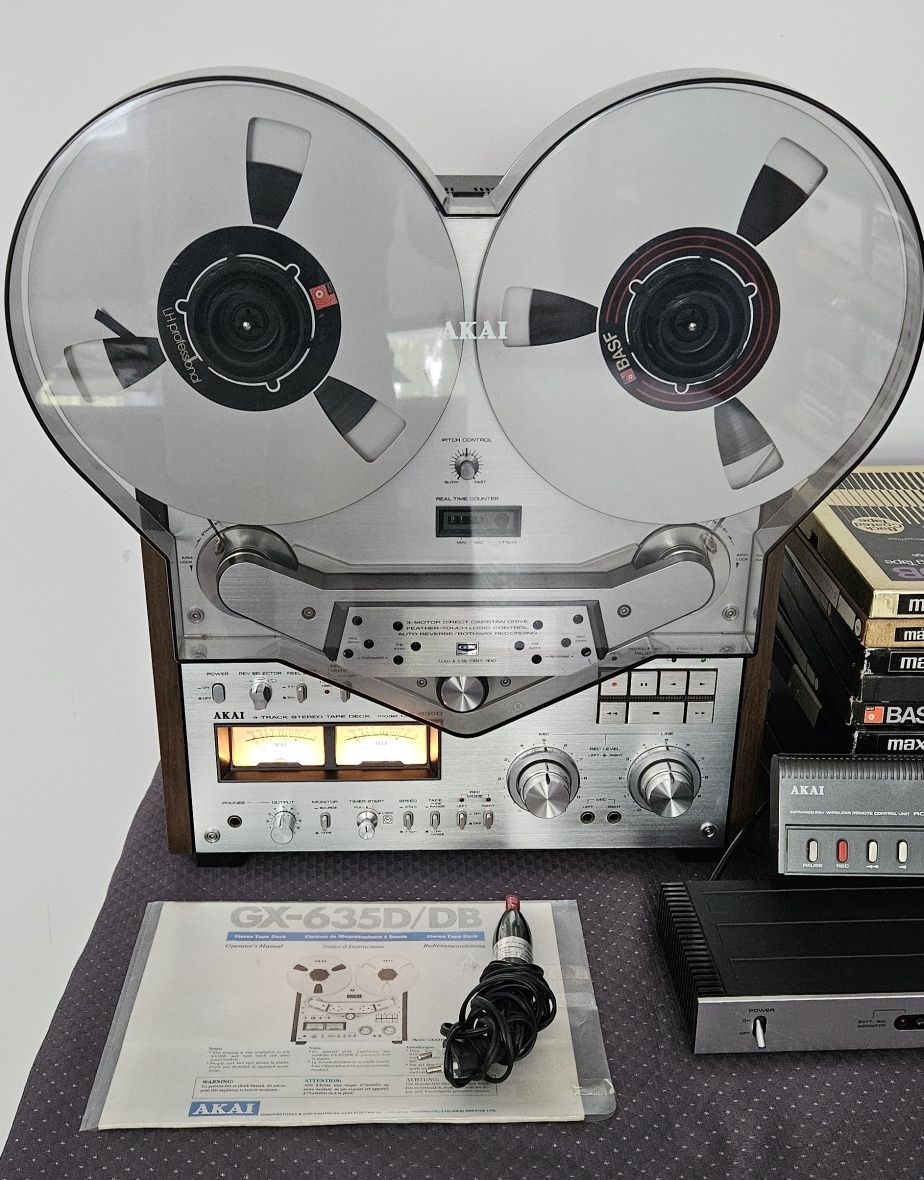 Magnetofon szpulowy Akai GX 635, duży zestaw