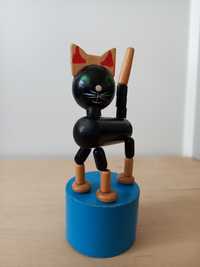 Drewniana ruchoma zabawka czarny kot kotek vintage stare drewniane prl