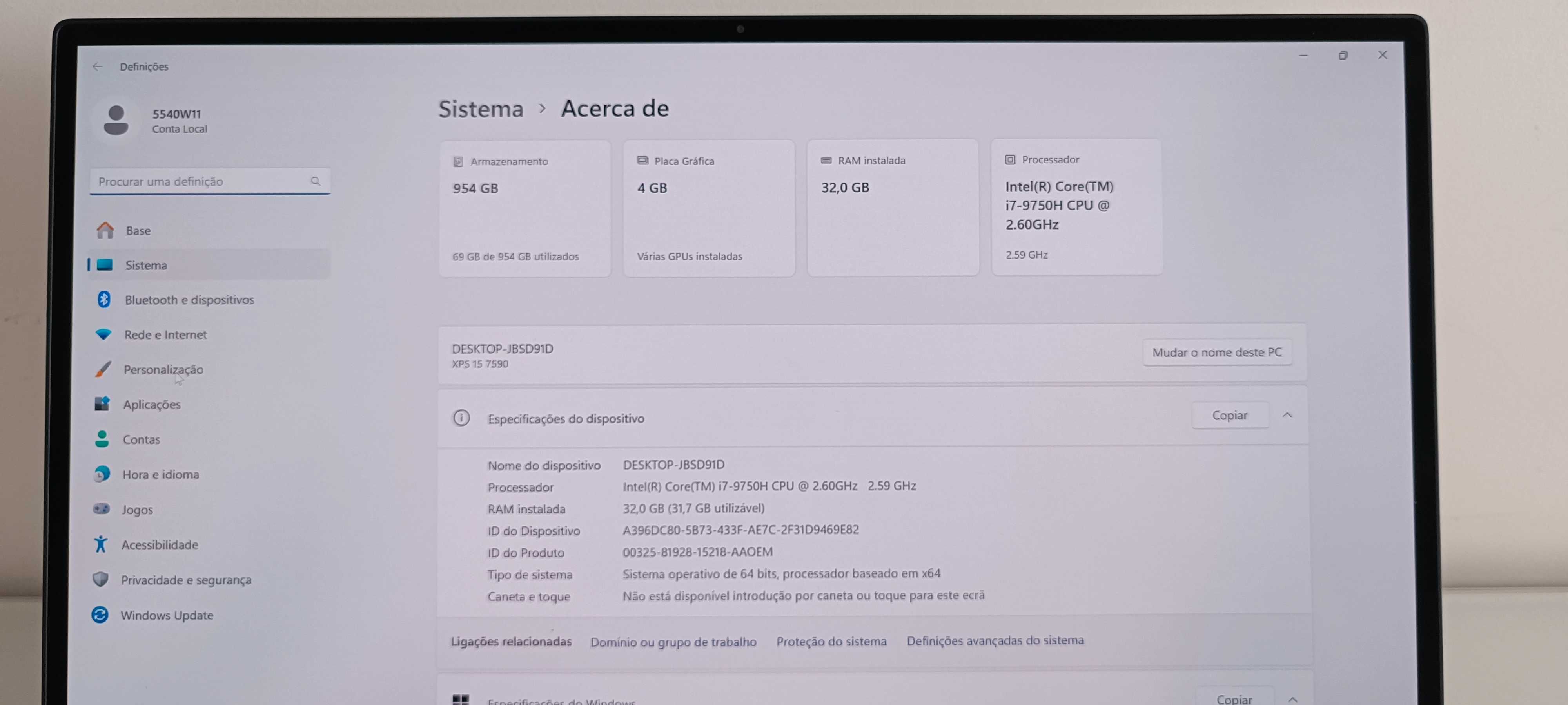 Dell XPS 15 7590 Ecrã 15.6' 4K/Gráf. NVIDIA GTX 1650/i7/NVME/32GB