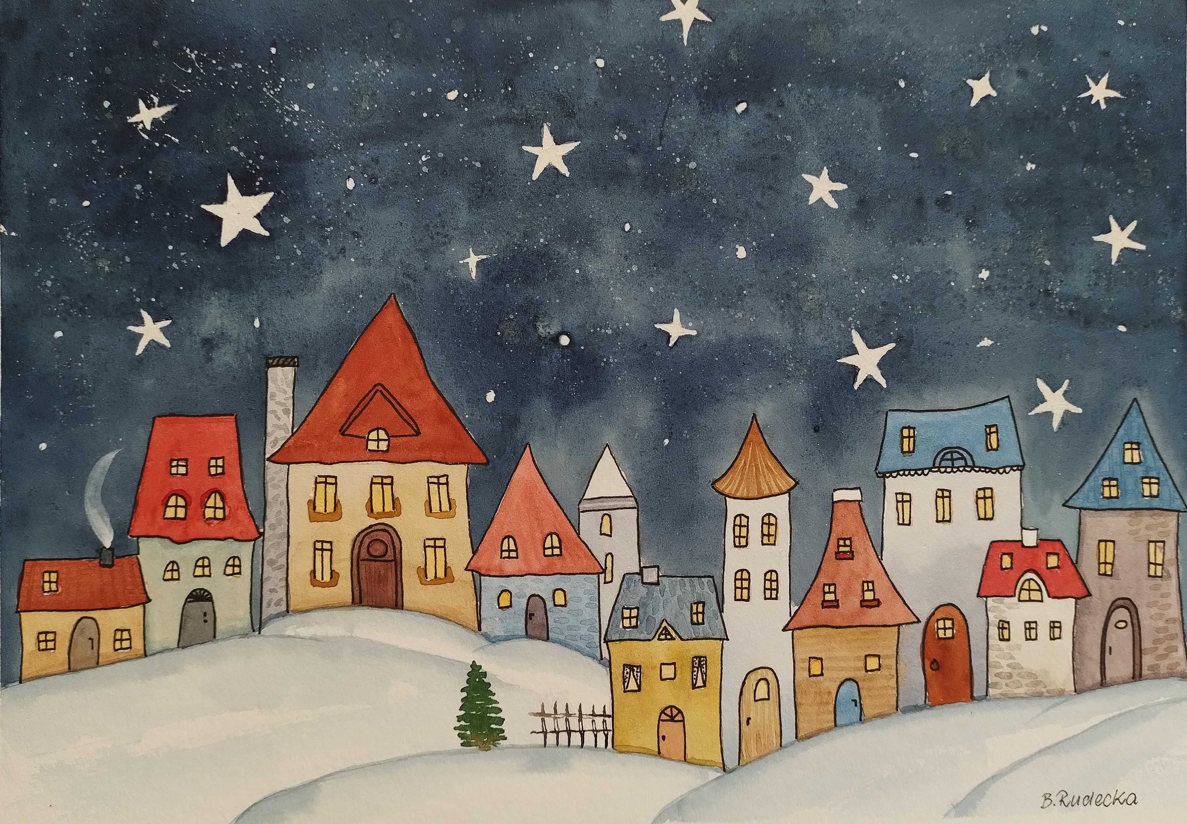 Akwarela Akwarelka Obraz pt. Magiczna Noc.  A4 - 21 x 29,7 cm,