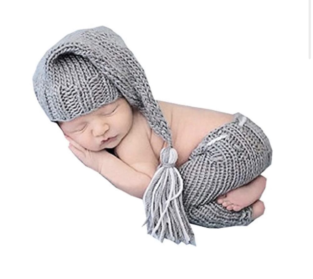 Szary kostium dla noworodków, szydełkowany do fotografii z czapką