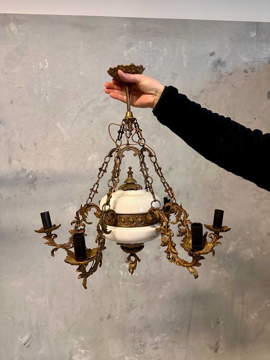 Antyczny żyrandol z mosiądzu i porcelany Empire vintage retro