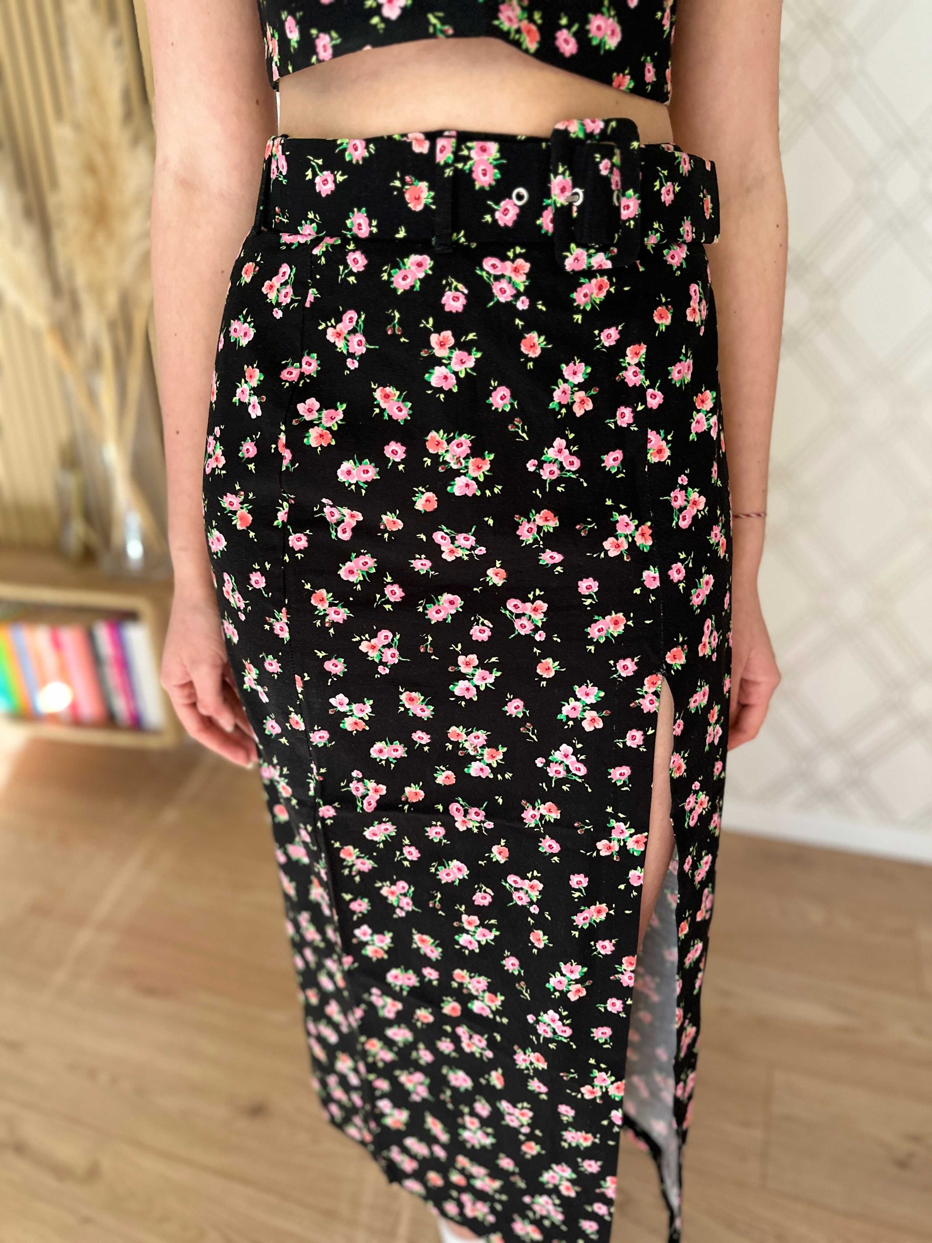 Czarny set komplet w kwiatki spódnica midi crop top gorset Zara