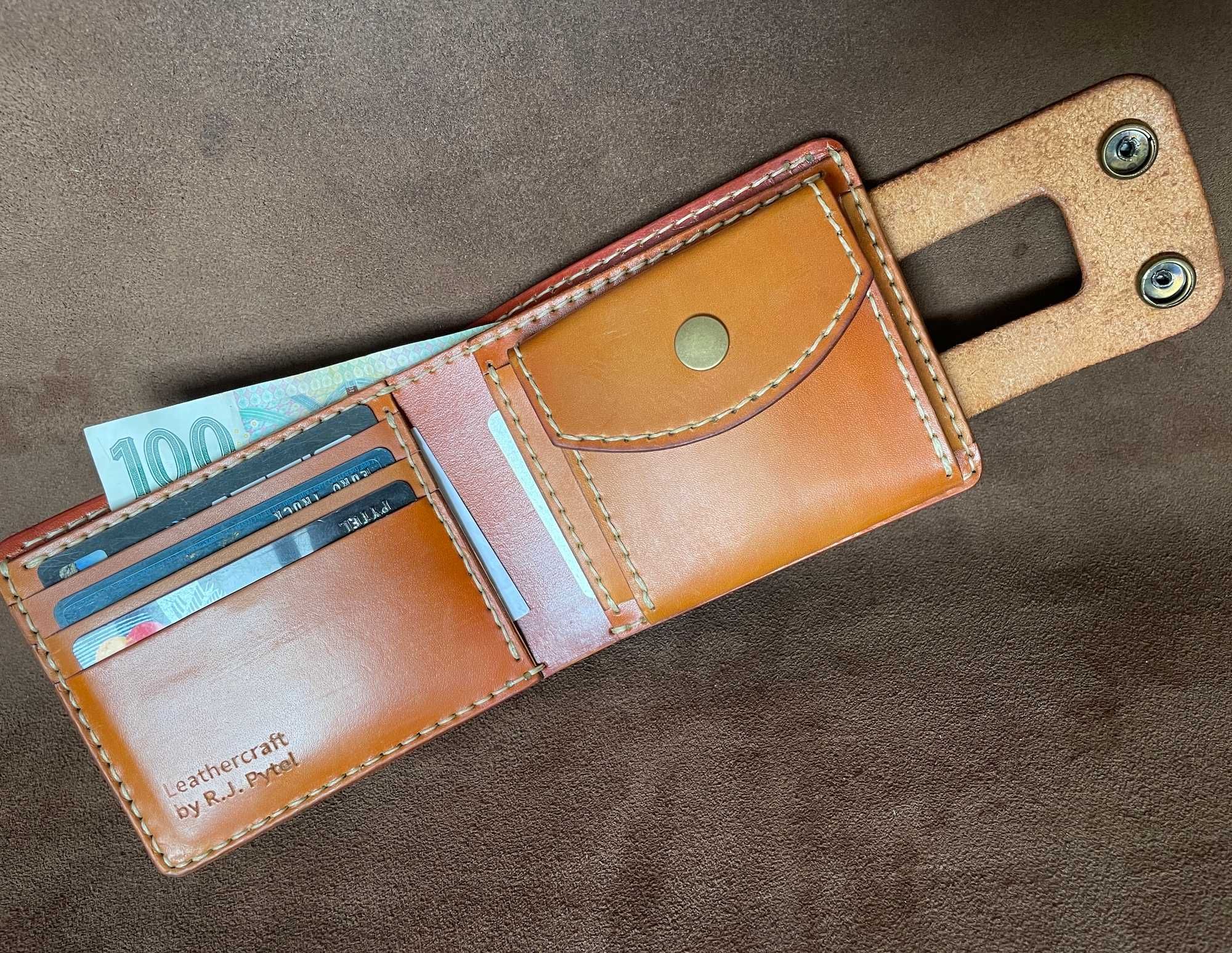 Skórzany portfel ręcznie szyty bilonówka