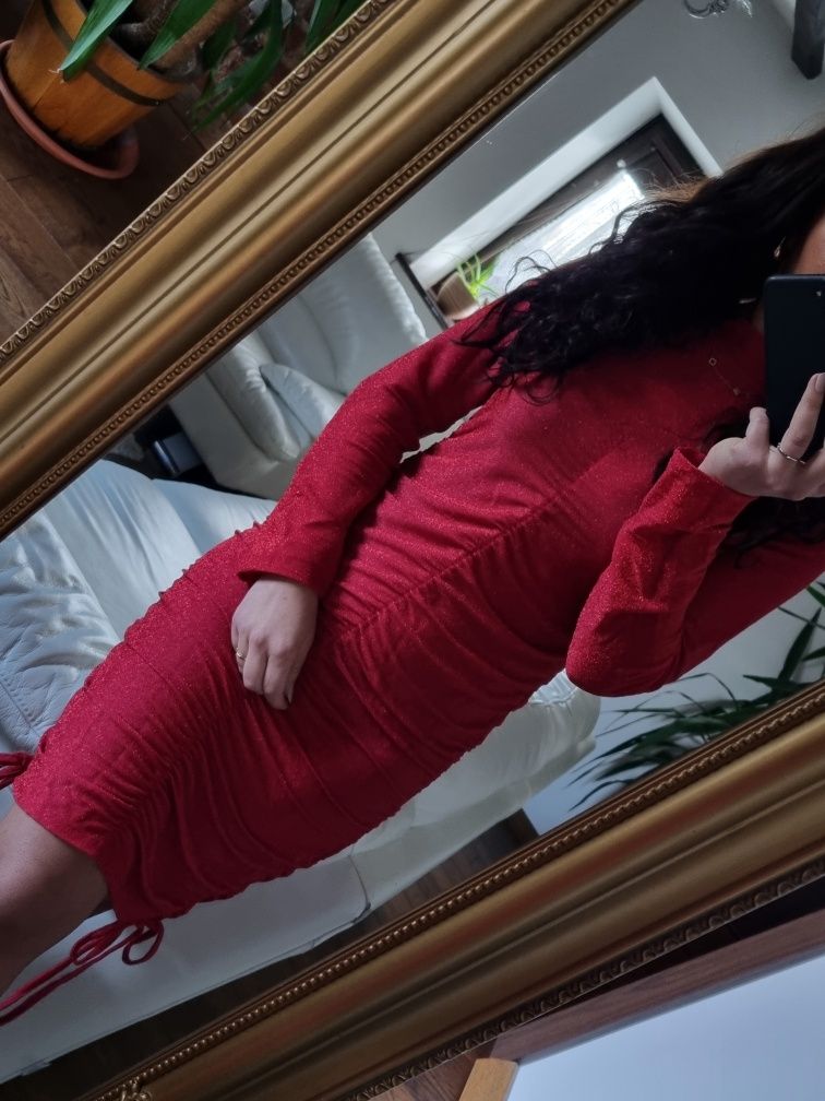 Czerwona brokatowa sukienka na święta, sukienka na sylwestra r. M