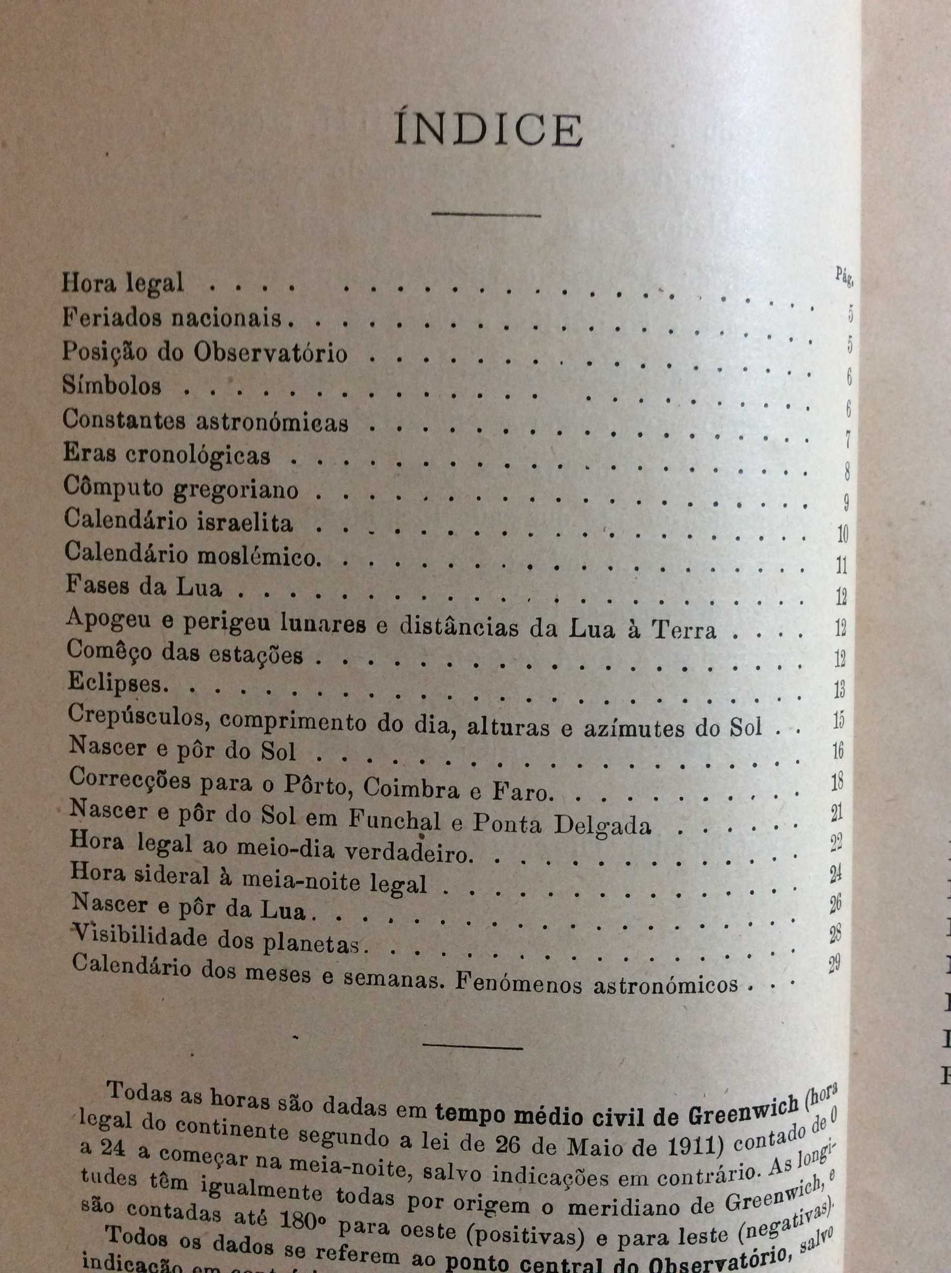 Dados astronómicos para os almanaq. de 1920 para Portugal. Ver índice
