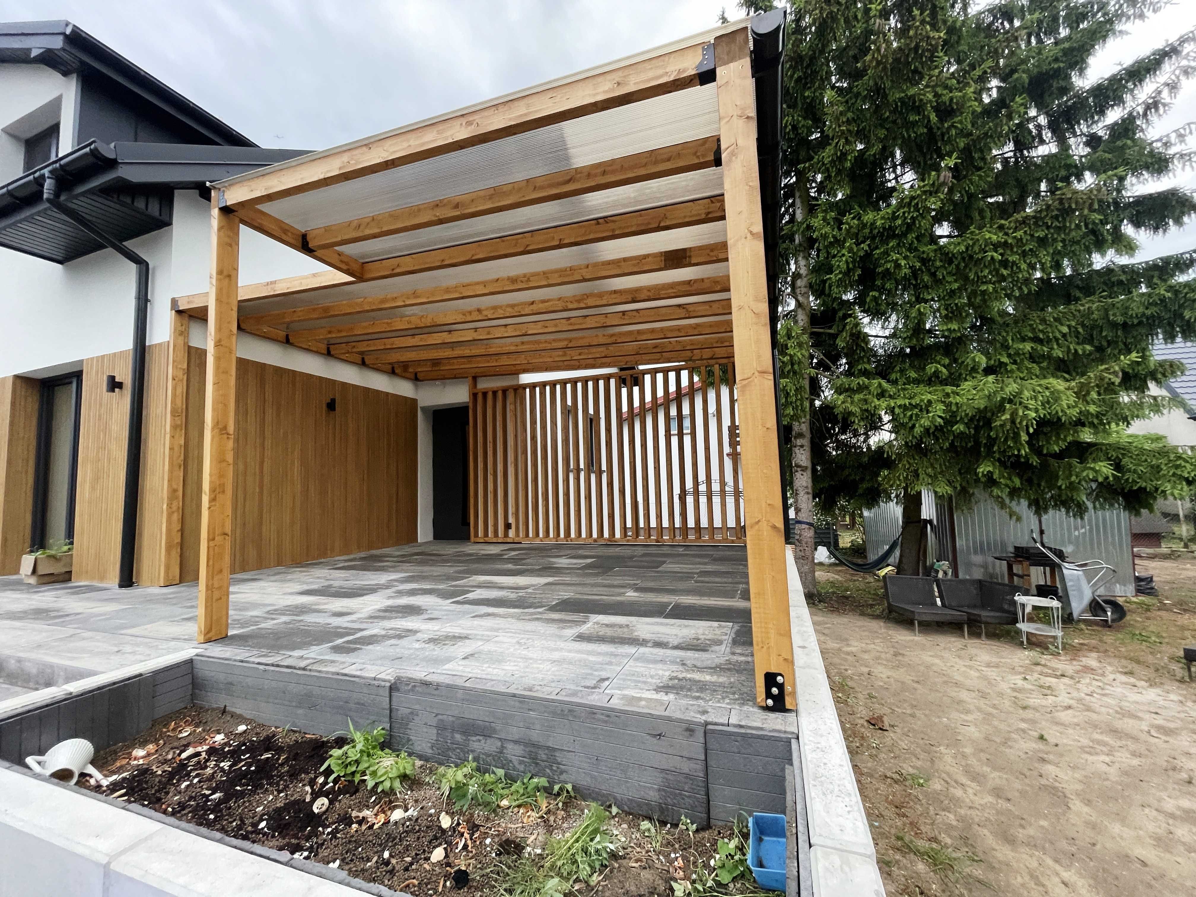 pergola z drewna klejonego BSH, zadaszenie tarasu, poliwęglan