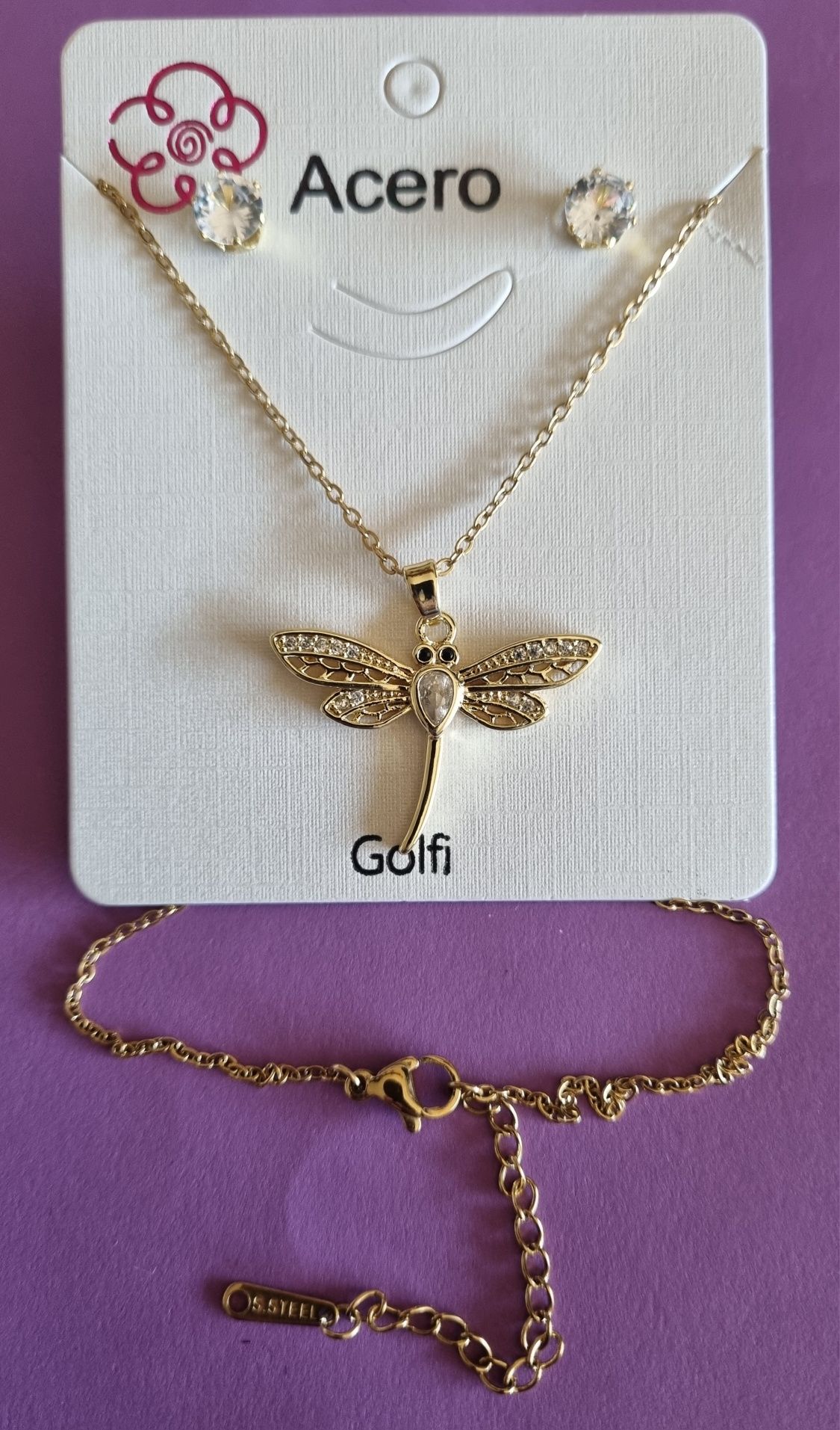 Conjunto dourado (colar e brincos), em aço, com libelinha.