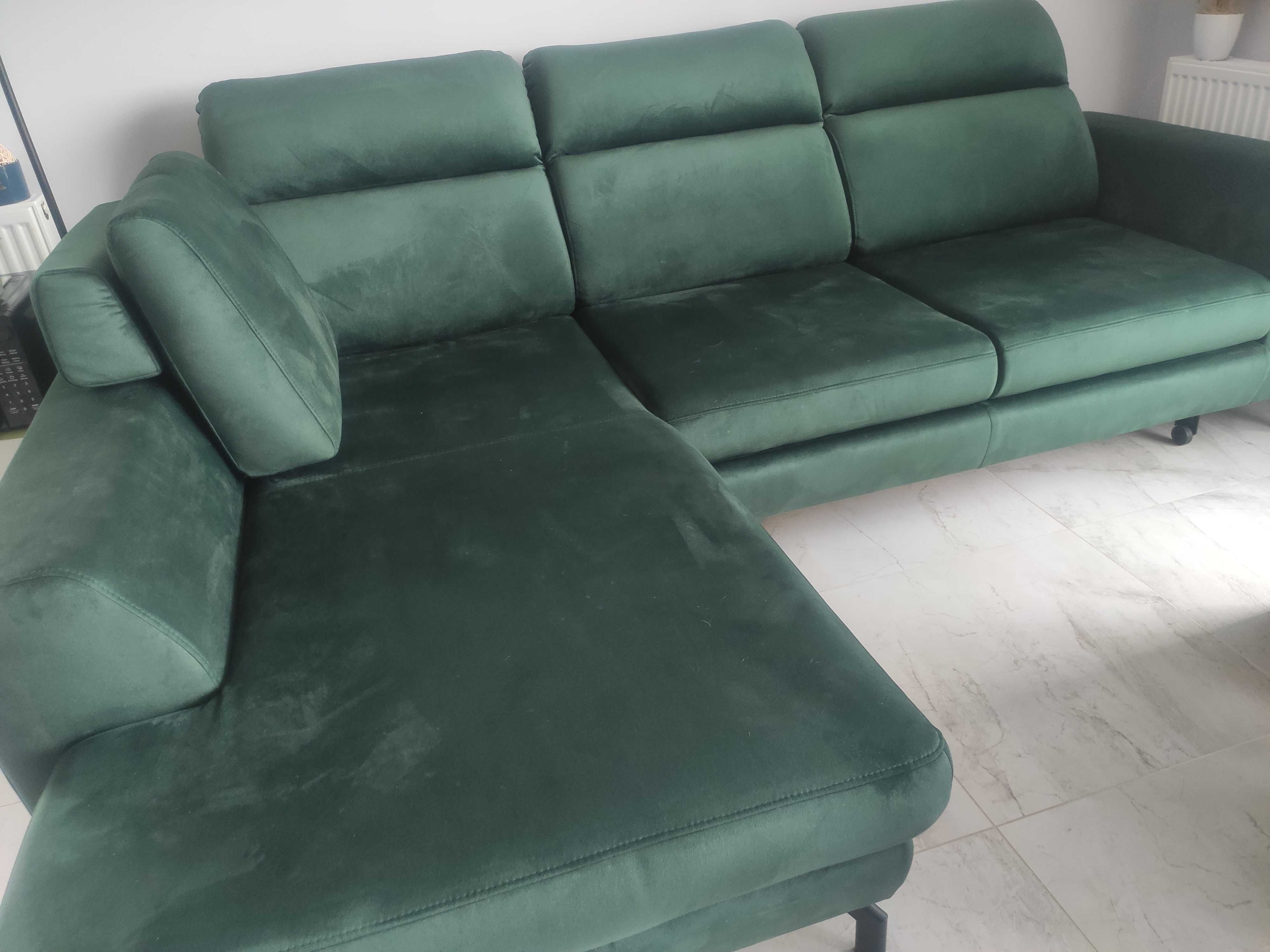 kanapa narożna  z funkcją spania tapicerowana welur butelkowa zieleń