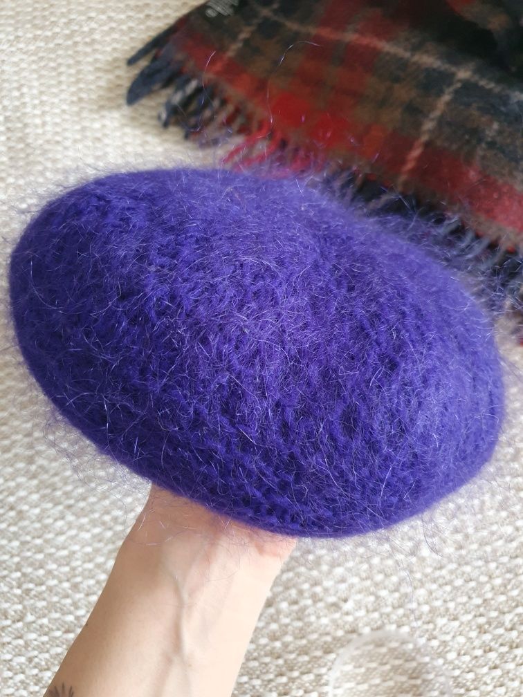 Moherowy beret ocieplany chabrowy granatowy PRL vintage