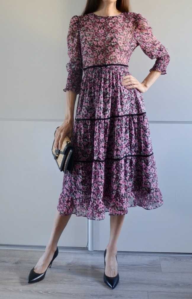 Zara czarna fioletowa sukienka midi kwiaty cottage french 36 S