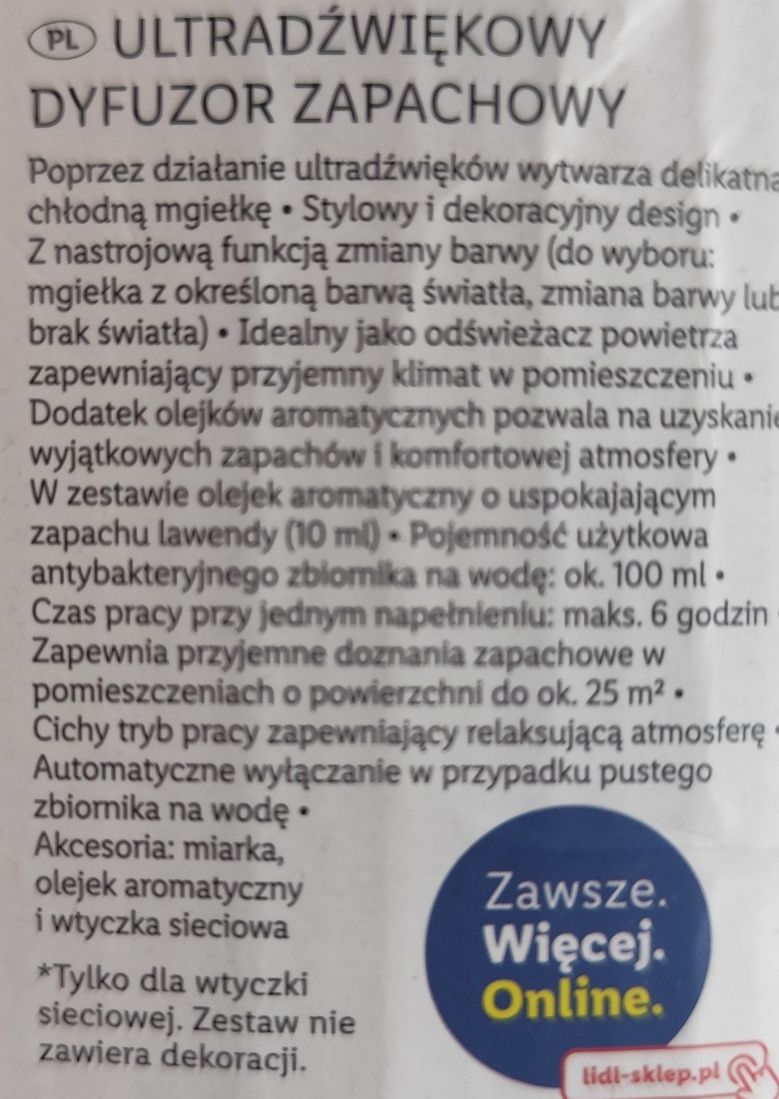Ultradźwiękowy dyfuzor zapachowy z funkcją zmiany koloru